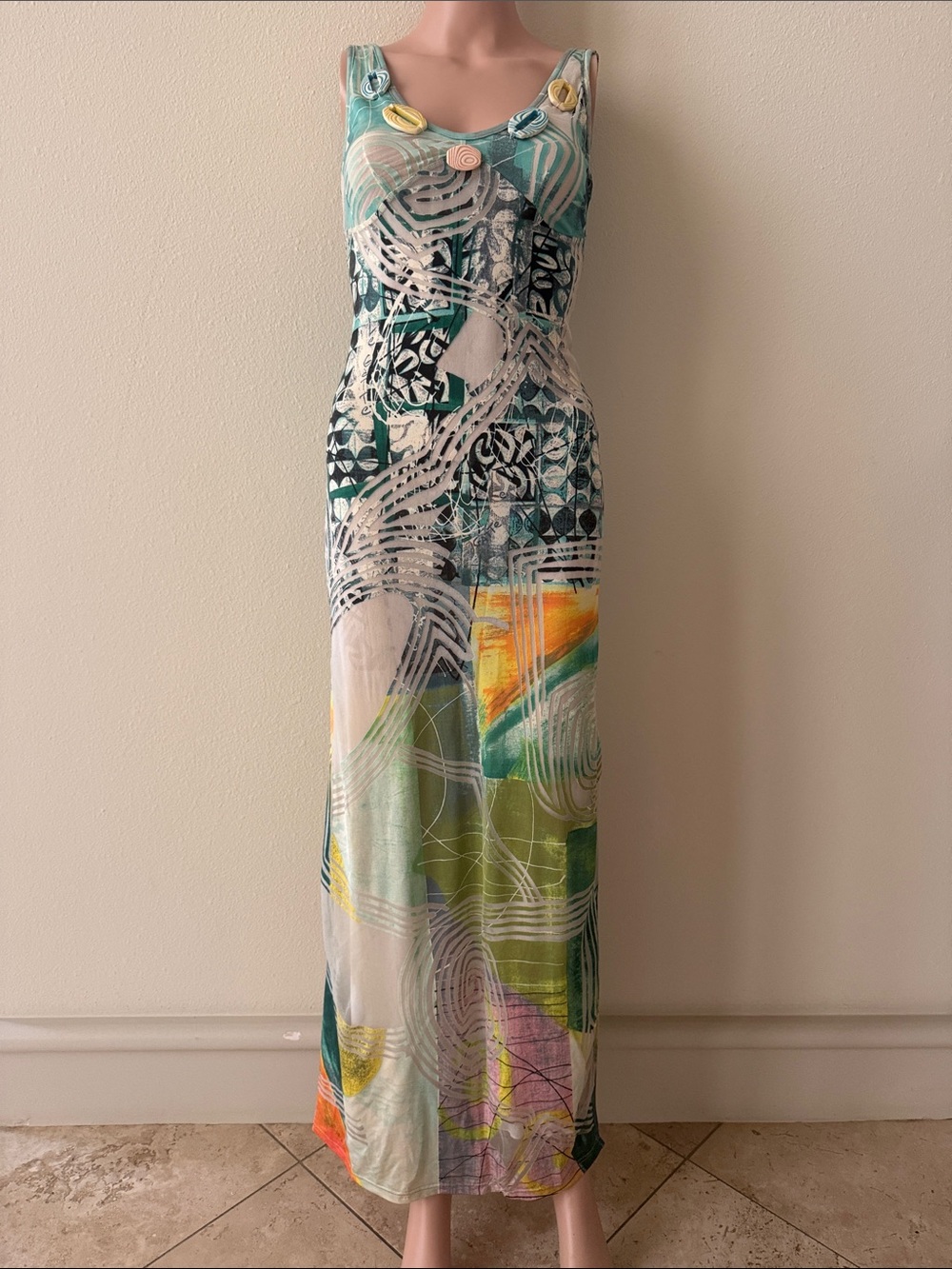 LEGATTE JEANS Sleeveless Multicolor Abstract Print Maxi Dress, Size 6